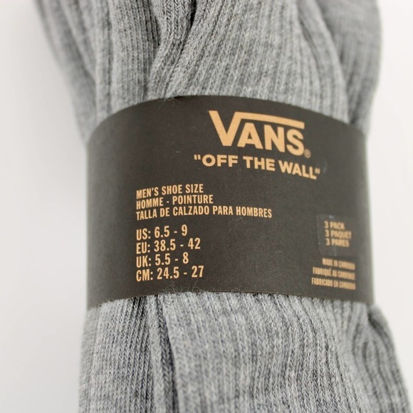 Vans Classic Crew Socks 3 Pack in Heather Grey Men’s Shoe Size 6.5-9 NEW - Picture 2 of 4